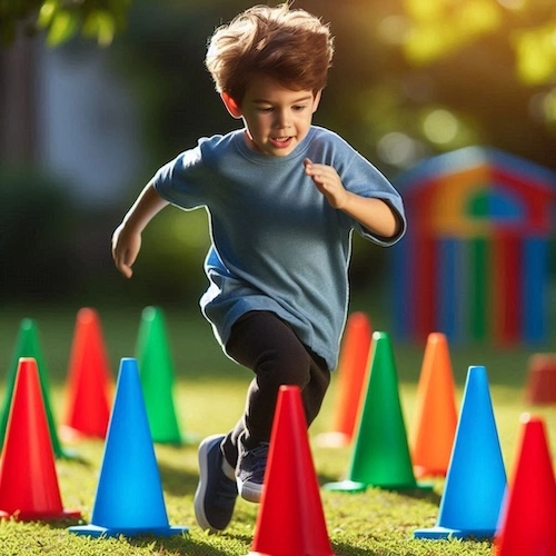 child running past cones on grass